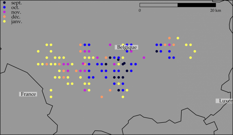 Ubicazione dei casi di PSA nel sud del Belgio.